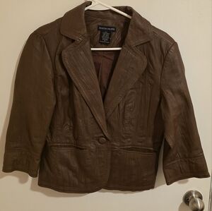 Boston Proper leather jacket blazer Lined Partial sleeve Brown Size 6 Biker Moto